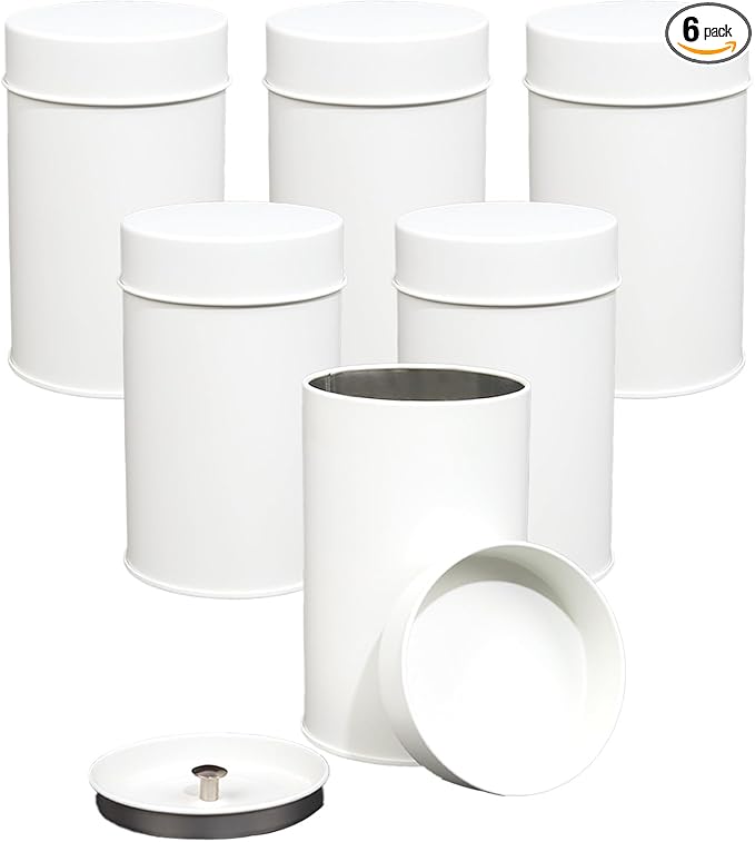Tea Tin Canister, 6 Pack Round Metal Tea & Coffee Storage Tins with Double Seal Lid, 16 oz Loose Leaf Tea Container, Kitchen Canisters for Sugar, Herbs, Spices, Airtight, 4.7"x3" (White)