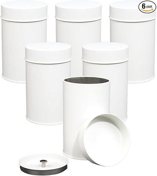 Tea Tin Canister, 6 Pack Round Metal Tea & Coffee Storage Tins with Double Seal Lid, 16 oz Loose Leaf Tea Container, Kitchen Canisters for Sugar, Herbs, Spices, Airtight, 4.7"x3" (White)