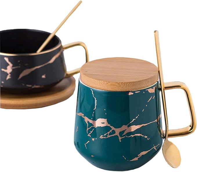 YBK Tech Porcelain Tea Cup Coffee Mug Set for Afternoon Tea - Marble Pattern (Green, Tall 400ml + wood lid)