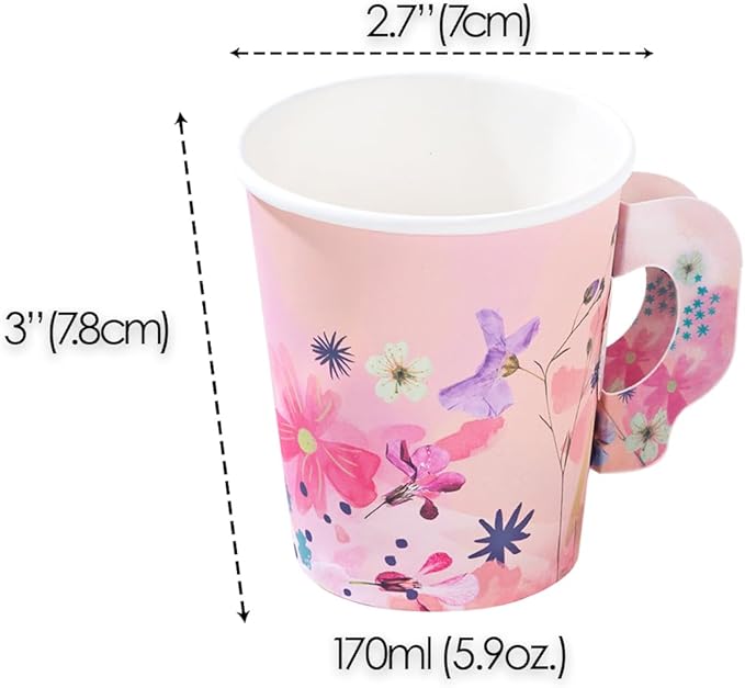 12 x Pretty Pink Floral Paper Tea Cups & Saucer Set | Mother's Day Table Party Decorations | Disposable Tableware For Birthday, Garden Party, Afternoon Tea, Bridal or Baby Shower, Wedding