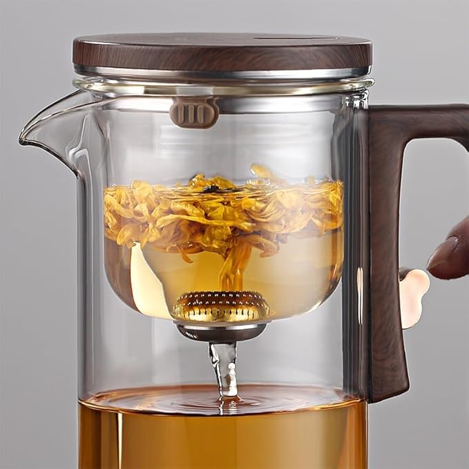 Enchantipot Magic TeaPot, 900ML Water Separation Glass Tea Pot with Wooden Handle, Press Control Magic Tea Infuser, For Loose Tea Kettle Witchcraft Teapot