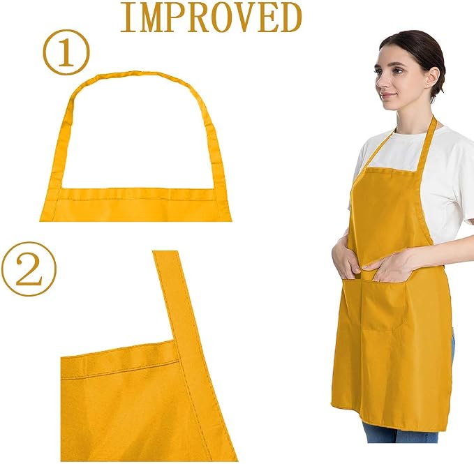 Total 6PCS Yellow Apron for Adult Women Unisex Durable Comfortable with 2 Front Pocket Washable Plain Color Bib Chef Apron for Cooking Baking Kitchen Restaurant Crafting Painting Party - Image 2