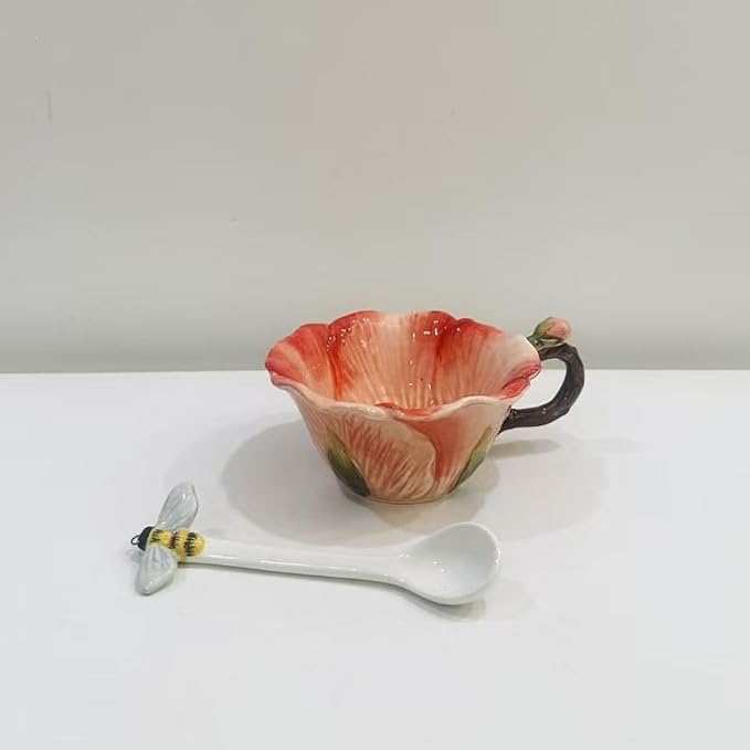 Ceramic Pansy Coffee Cup and Saucer Set with Spoon，6OZ 3D Hand-Painted Flower Tea Mug，Gift for Women (Red)