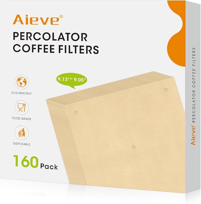 Aieve 160 Count Percolator Coffee Filters, Unbleached Perforated Filter Paper for Electric Coffee Percolator Pots, Universal Wrap-Around Percolators Filters,9 × 9 Inch