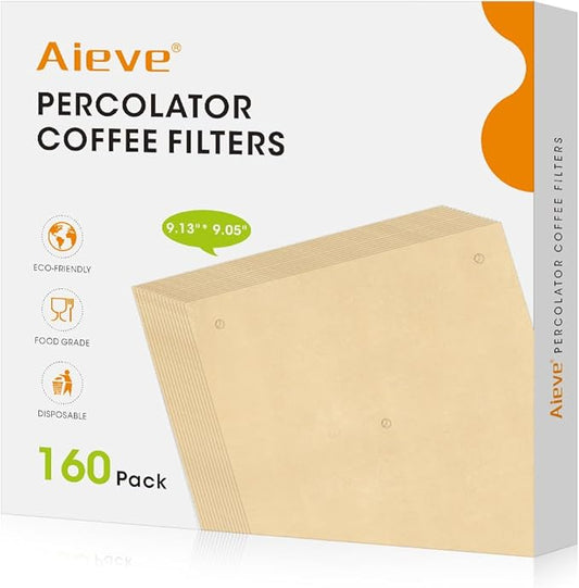 Aieve 160 Count Percolator Coffee Filters, Unbleached Perforated Filter Paper for Electric Coffee Percolator Pots, Universal Wrap-Around Percolators Filters,9 × 9 Inch
