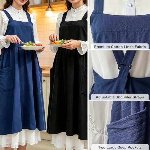 Uaussi Cotton Linen Apron Cross Back Work Apron for Women with Pockets Pinafore Dress X Cross Halter Apron for Chef Gardening - Image 2