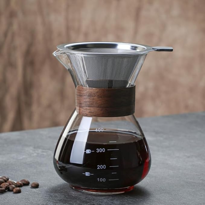 BeeCa Pour Over Coffee Maker Set, Single-Serve Coffee Essential, Reusable Double Stainless Steel Filter + Borosilicate Glass Carafe, Stylish Wood Collar, 2 Cup 400 ml/13.5 oz Portable & Easy Clean