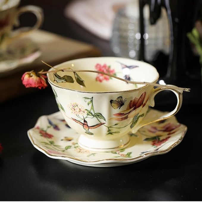 8 oz Vintage flower Ceramic cup and 6" saucer set with Brand customized stainless steel spoon Gifts for Afternoon Tea Coffee Hour (G)