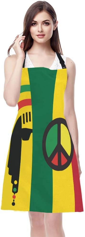 WONDERTIFY Reggae Culture Concept Design Apron,Jamaican Music Culture Hippie Rasta Style Yellow Green Red Bib Apron with Adjustable Neck for Men Women,Suitable for Home Kitchen Cook Baking BBQ Apron