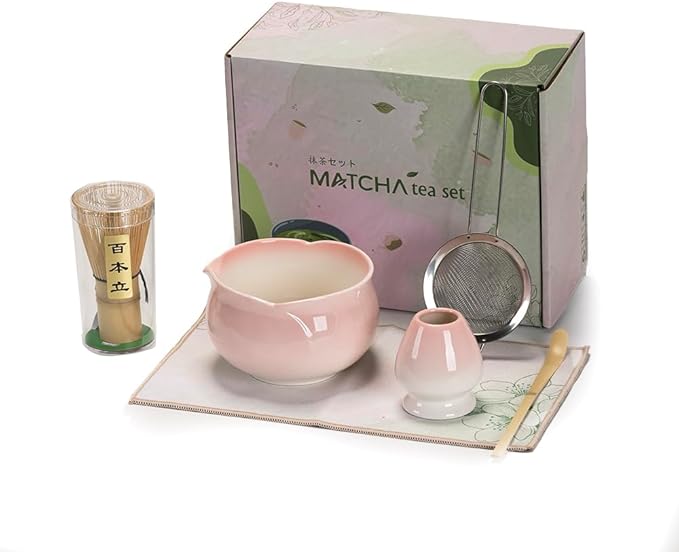 Japanese Matcha Tea Set, Pink Peach Ceramic Matcha Bowl with Soft Glaze, Bamboo Whisk & Scoop, Complete Tea Ceremony Kit with Gift Box
