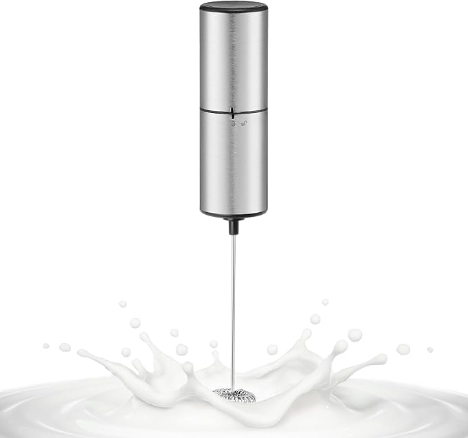 Battery Operated Coffee Frother by ELMWAY, Stainless Steel Electric Whisk, Mini Milk Frother Handled for Coffee, Latte, Matcha and Protein Powder (Silver without Stand)