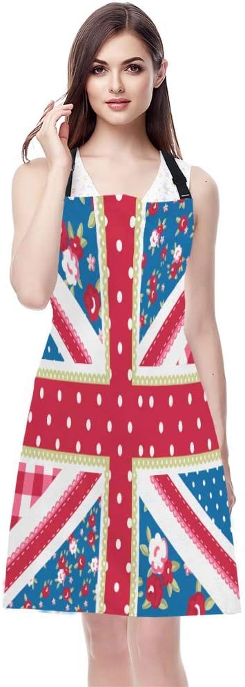 WONDERTIFY British Flag Apron,England Flag in Chic Floral Style Bib Apron with Adjustable Neck for Men Women,Suitable for Home Kitchen Cooking Waitress Chef Grill Bistro Baking BBQ Crafting Apron