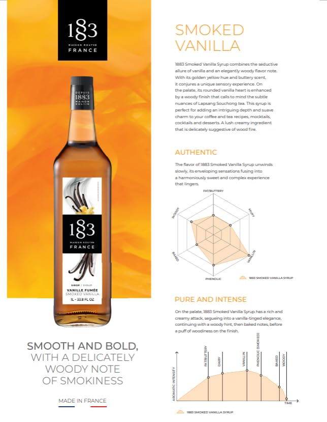1883 Smoked Vanilla Syrup for Coffee, Cocktails & Desserts – Premium Flavoring Syrup, Made in France, 1 Liter Plastic Bottle