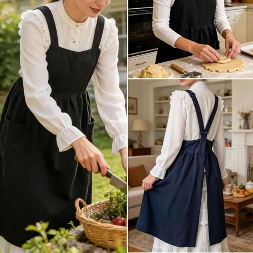 Uaussi Cotton Linen Apron Cross Back Work Apron for Women with Pockets Pinafore Dress X Cross Halter Apron for Chef Gardening - Image 4