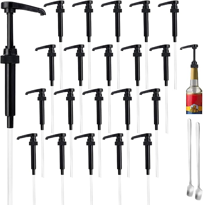 20 Pcs Black Pumps for Coffee Syrup Bottle, Compatible with 25.4 Oz/750ml Bottles, Great for Home & Coffee Bar Drinking Mixes, Tea, Beverage, Cocktails, Plus Spoons by DupakSYS