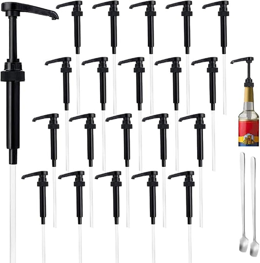 20 Pcs Black Pumps for Coffee Syrup Bottle, Compatible with 25.4 Oz/750ml Bottles, Great for Home & Coffee Bar Drinking Mixes, Tea, Beverage, Cocktails, Plus Spoons by DupakSYS