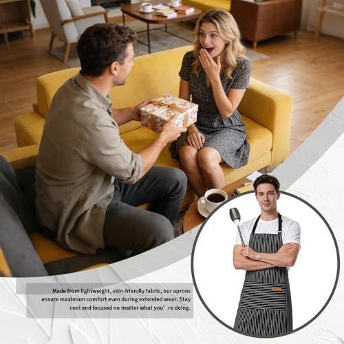 Chef Apron Bib Apron with 2 Large Pockets Adjustable Neck Strap Kitchen Apron Cooking Apron Stripes Baking Apron - Image 6