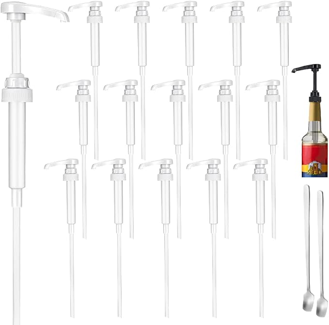 16 Packs White Coffee Syrup Pump Dispenser, Compatible with 25.4 Oz/750ml Bottles, Great for Home & Coffee Bar Drinking Mixes, Tea, Beverage, Cocktails, Plus Spoons(5.23") by DupakSYS