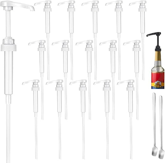 16 Packs White Coffee Syrup Pump Dispenser, Compatible with 25.4 Oz/750ml Bottles, Great for Home & Coffee Bar Drinking Mixes, Tea, Beverage, Cocktails, Plus Spoons(5.23") by DupakSYS