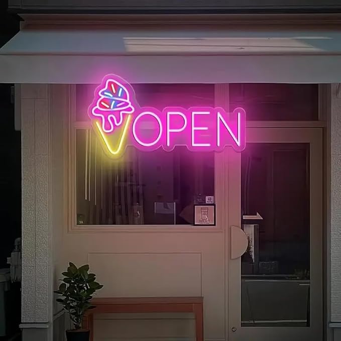 LED Neon Open Sign with Ice Cream Cone Design, USB Powered, Wall Hanging Plastic Neon Light, Switch Controlled, Multipurpose Room Decor, Business Signage for Ice Cream Trucks and Shops