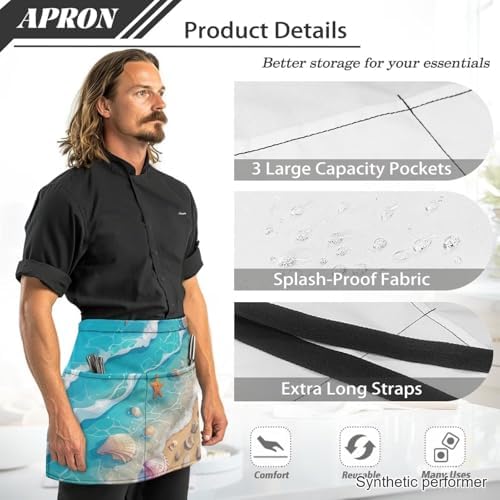 Server Apron with 3 Pockets 13 Inch Short Half Waist Aprons Waterproof Cooking Aprons for Women Men - Image 6