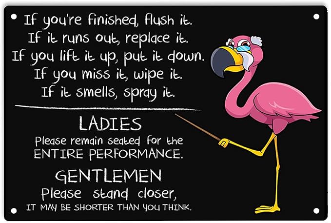 ERMUHEY Pink Flamingo Bathroom Rules Sign Metal Tin Signs, Bathroom Rules Poster for Home Office Bedroom Cafes Bars Pub Man Cave Wall Decor Poster Sign 12x8 Inch by ERMUHEY