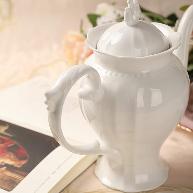 Fine Porcelain Ultra White English Teapot, Coffee Pot, Victoria Style, Light Weight, 37 Oz
