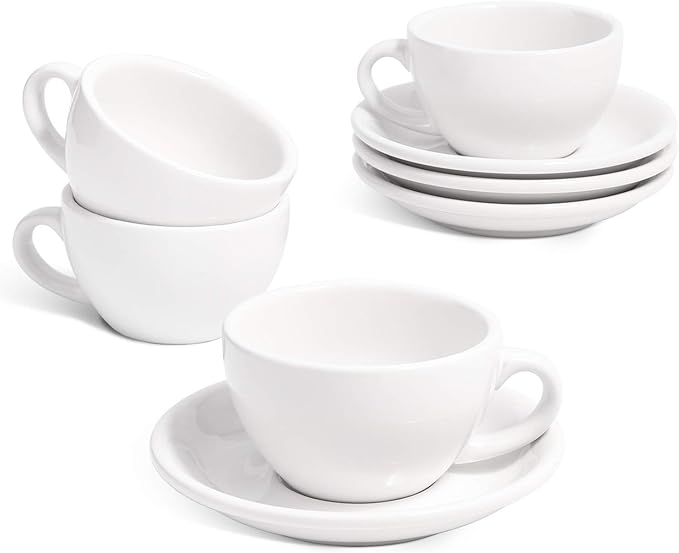 LE TAUCI Cappuccino Cups with Saucers 6 oz, Set of 4 Ceramic Coffee Cup and Saucer Set for Latte, Au Lait, Flat White, Mocha, Tea, Embossed Coffee Cups, White