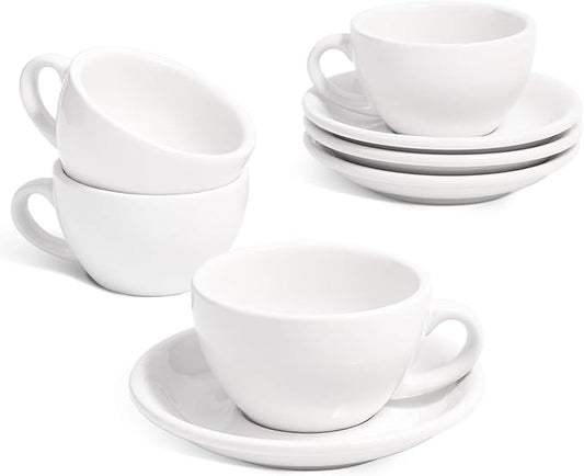 LE TAUCI Cappuccino Cups with Saucers 6 oz, Set of 4 Ceramic Coffee Cup and Saucer Set for Latte, Au Lait, Flat White, Mocha, Tea, Embossed Coffee Cups, White