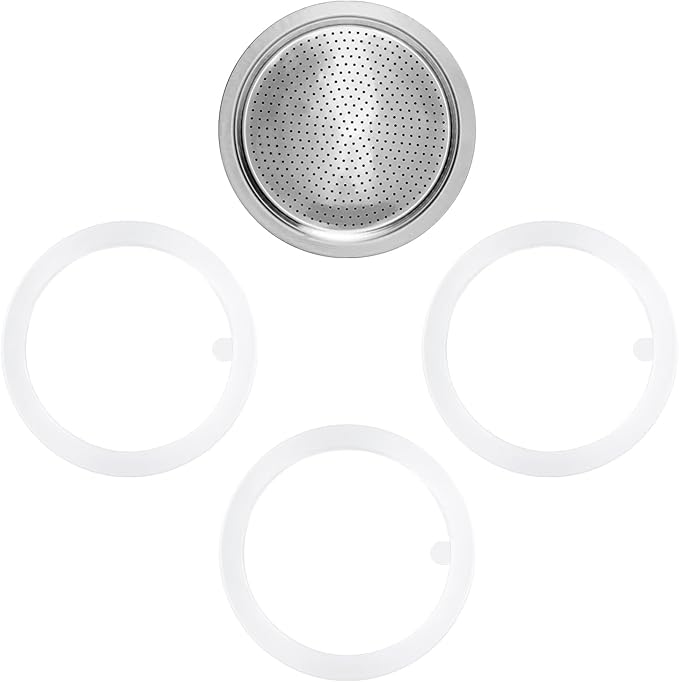 wedrink 1 Filter and 3 Silicone Gasket Seals Replacement for Stainless Steel Moka Pot and Stovetop Espresso Coffee Maker(9 Cup)
