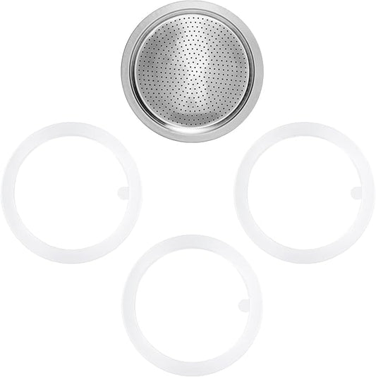 wedrink 1 Filter and 3 Silicone Gasket Seals Replacement for Stainless Steel Moka Pot and Stovetop Espresso Coffee Maker(9 Cup)