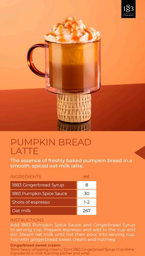 1883 Pumpkin Spice Syrup for Drinks, Made in France, 1 Liter Plastic Bottle