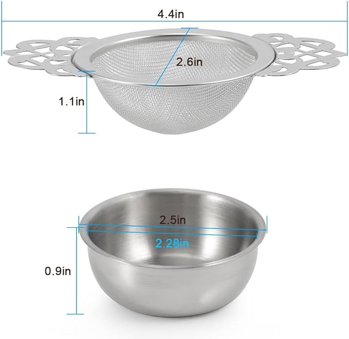 Picowe 2 Pack Tea Strainer Bowl, Stainless Steel Sliver Tea Strainers for Loose Tea Fine Mesh for 2.5-4 Inch Cup Mouth