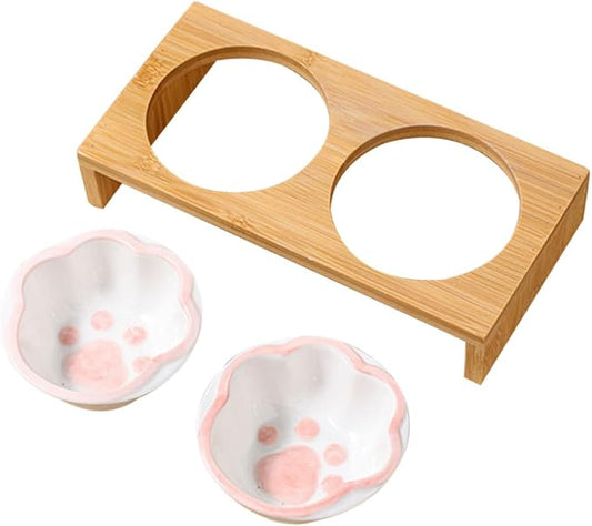 Whisker Friendly Cat Bowl Elevated Ceramic Pet Bowl Bamboo Rack Cat Food Indoor Dishes