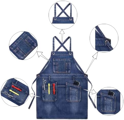 Denim Apron with Big Pockets Adjustable Cooking Apron Jean for Hair Stylist Gardening Craftsmen Barista Hairdresser - Image 4