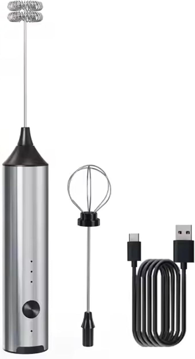 Handheld Milk Frother Wand Rechargeable - Double Whisk Milk Frother Handheld - 3 Speed Levels - Coffee Stirrers Electric (Upgraded - Stainless Steel without Stand)