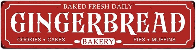 Gingerbread Bakery Metal Sign Cookies Cakes Pies Muffins Christmas Vintage Tin Hanging Plaque for Home Kitchen Patio Yard Office Cafe Coffee Bar Front Door Wall Decor Novelty Gift 16" x 4" by SCAZOMV