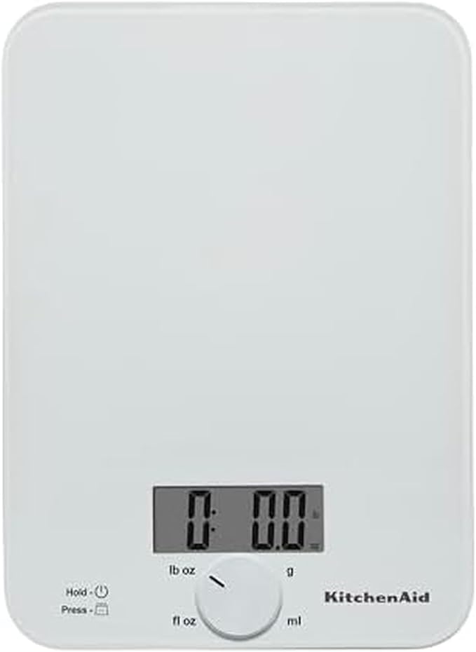 KitchenAid KQ914WH Glass Surface 11 Pound Capacity Digital Kitchen and Food Scale, Scale for Food Ounces and Grams, Dry and Liquid Ingredients, White