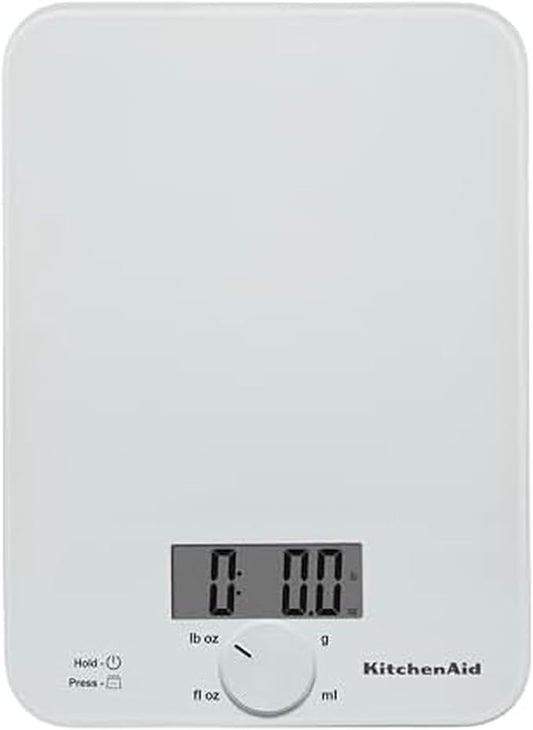 KitchenAid KQ914WH Glass Surface 11 Pound Capacity Digital Kitchen and Food Scale, Scale for Food Ounces and Grams, Dry and Liquid Ingredients, White