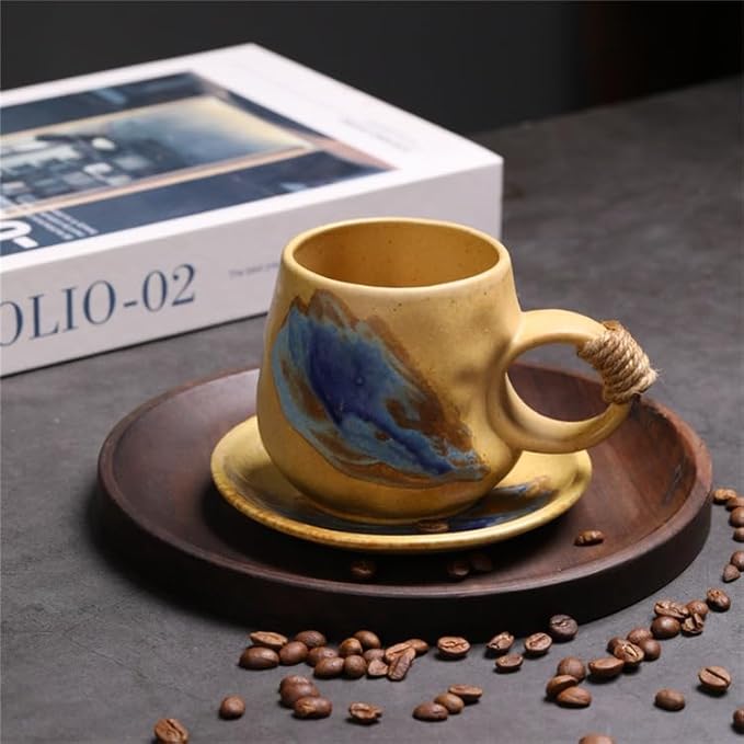 8oz Small Vintage Japanese Style Handmade Ceramic Tea Cup with Saucer , Lead-Free Cappuccino Mug, Artisanal Coffee Mug with saucer set,Handcrafted mug with handle, For Espresso, Latte(1, Light brown)