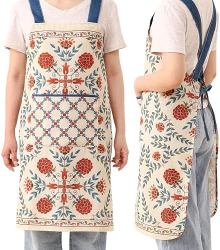 patdrea Blue Floral Linen Apron with Pocket,French Kitchen Garden Chef BBQ Aprons for Women and Men,Crisscross Back Straps - Image 3