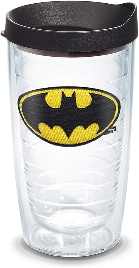 Tervis DC Comics Batman Emblem Made in USA Double Walled Insulated Tumbler Travel Cup Keeps Drinks Cold & Hot, 16oz, Clear - Black Lid