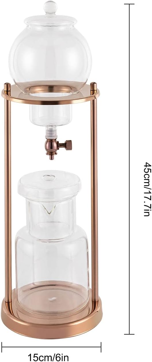 Ice Cold Brew Dripper Coffee Maker, 600Ml Ice Coffee Makers Cold Brew Machine Stainless Steel and Borosilicate Glass Copper Coffee Maker Extraction Approx 4h 2drops/S for 6-8 People (Gold)