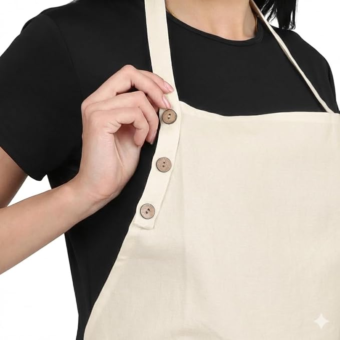 Kitchen Apron Cotton Waterdrop Resistant with adjustable Aprons for Women with Pockets 9 Color option Cooking (Cream/off white) - Image 2