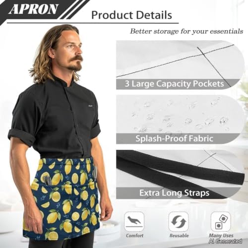 Server Apron with 3 Pockets 13 Inch Short Half Waist Aprons Waterproof Cooking Aprons for Women Men - Image 6