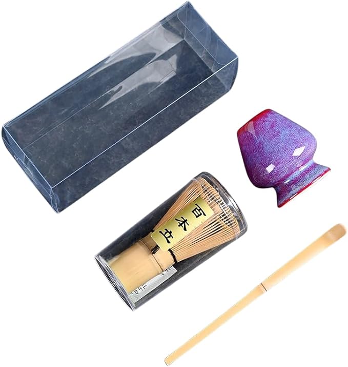 Japanese Matcha Tea Set, Bamboo Whisk (Chasen) + Matcha Scoop (Chashaku)+Ceramic Whisk Holder,fit for Japanese Tea Matcha Tea,Matcha Latte Accessories (B)