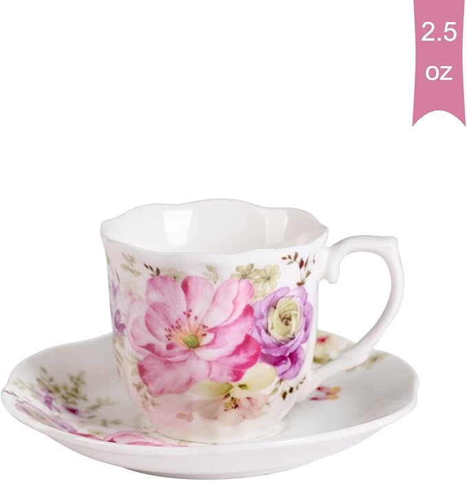 GuangYang 12 Pieces (Tiny Style) Espresso Cups and Saucers，2.5 ounce/80ml，Set of 6,Mini Premium Porcelain Coffee Cup Set, Fancy Flower Pattern Design