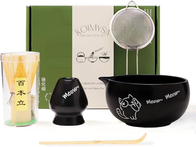 Matcha Whisk Set Black, Traditional Matcha Tool Set Kit Cat Design Ceramic Chawan Bowl and Bamboo Whisk Gift for Women Friend Tea Lover