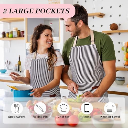 2Pack Adjustable Kitchen Apron for Women Men with 2 Pockets，Cotton-Polyester Blend Bib Aprons for Cooking,Baking - Image 4