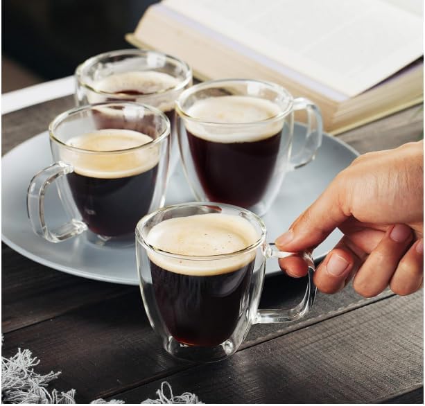 BTaT- Double Walled Espresso Cups, 5 oz, Set of 4, Clear Coffee Mugs, Double Wall Insulated Espresso Cups, Small Coffee Mugs for Tea, Lattes, Macchiatos, Hot & Cold Beverages, Microwave Safe